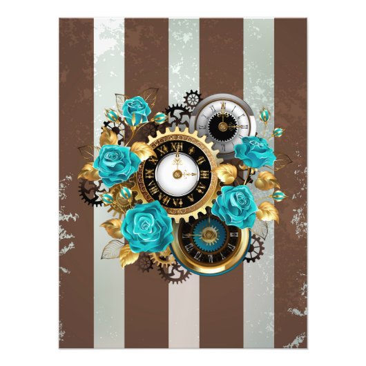 Steampunk Clock- en Turquoise-Rozen op gestreept Foto Afdruk (Voorkant)