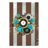 Steampunk Clock- en Turquoise-Rozen op gestreept Foto Afdruk (Voorkant)