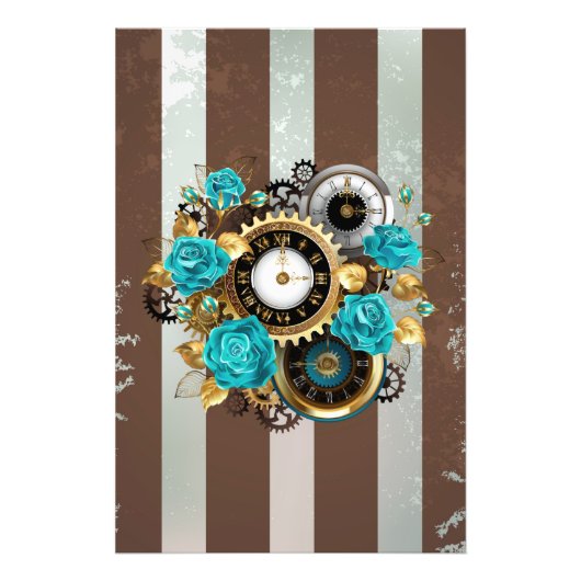 Steampunk Clock- en Turquoise-Rozen op gestreept Foto Afdruk (Voorkant)