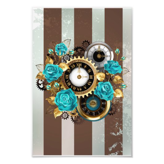 Steampunk Clock- en Turquoise-Rozen op gestreept Foto Afdruk (Voorkant)