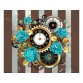 Steampunk Clock- en Turquoise-Rozen op gestreept Foto Afdruk (Voorkant)
