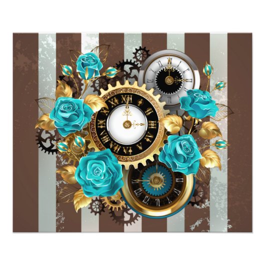 Steampunk Clock- en Turquoise-Rozen op gestreept Foto Afdruk (Voorkant)