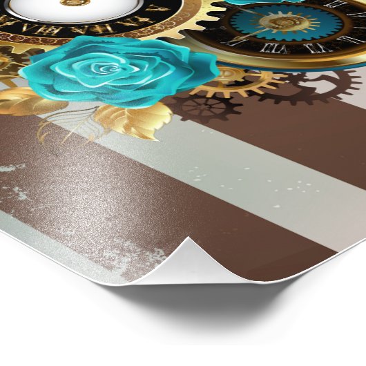 Steampunk Clock- en Turquoise-Rozen op gestreept Foto Afdruk (Hoek)