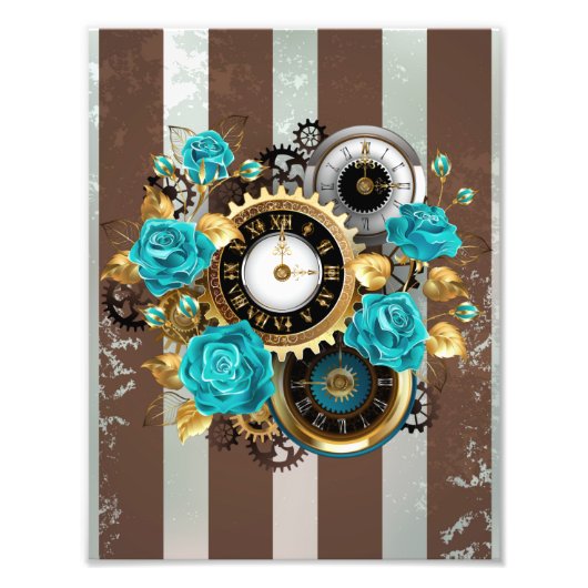 Steampunk Clock- en Turquoise-Rozen op gestreept Foto Afdruk (Voorkant)