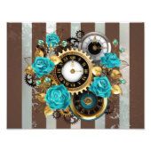 Steampunk Clock- en Turquoise-Rozen op gestreept Foto Afdruk (Voorkant)