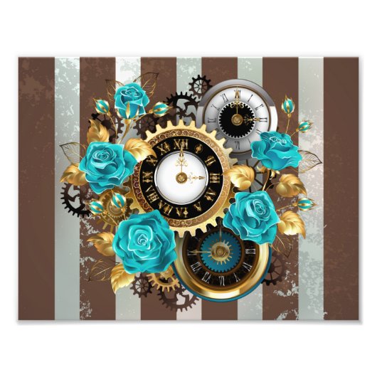 Steampunk Clock- en Turquoise-Rozen op gestreept Foto Afdruk (Voorkant)