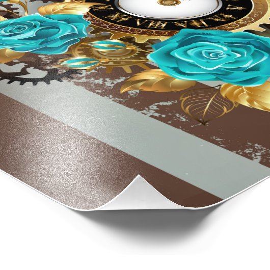 Steampunk Clock- en Turquoise-Rozen op gestreept Foto Afdruk (Hoek)