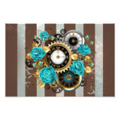 Steampunk Clock- en Turquoise-Rozen op gestreept Foto Afdruk (Voorkant)