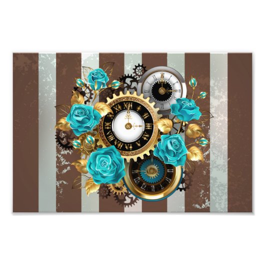 Steampunk Clock- en Turquoise-Rozen op gestreept Foto Afdruk (Voorkant)