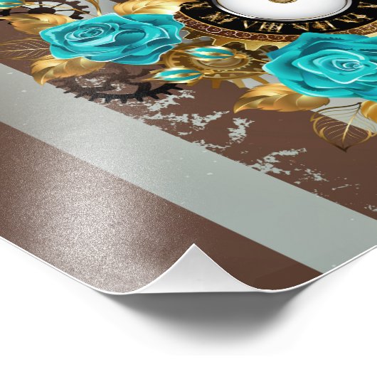 Steampunk Clock- en Turquoise-Rozen op gestreept Foto Afdruk (Hoek)