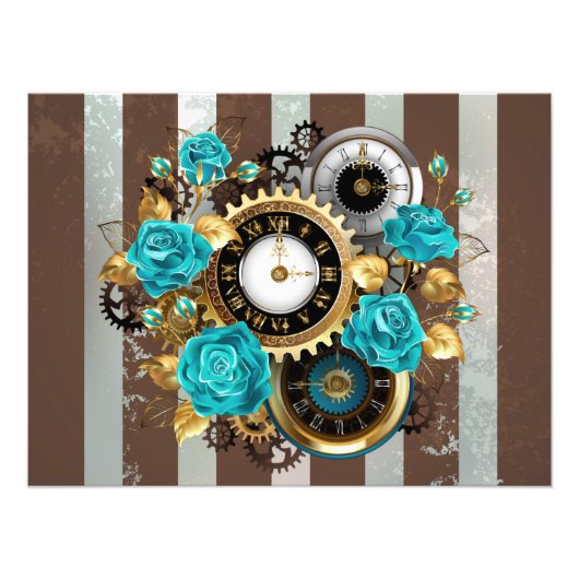 Steampunk Clock- en Turquoise-Rozen op gestreept Foto Afdruk (Voorkant)
