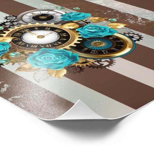 Steampunk Clock- en Turquoise-Rozen op gestreept Foto Afdruk (Hoek)