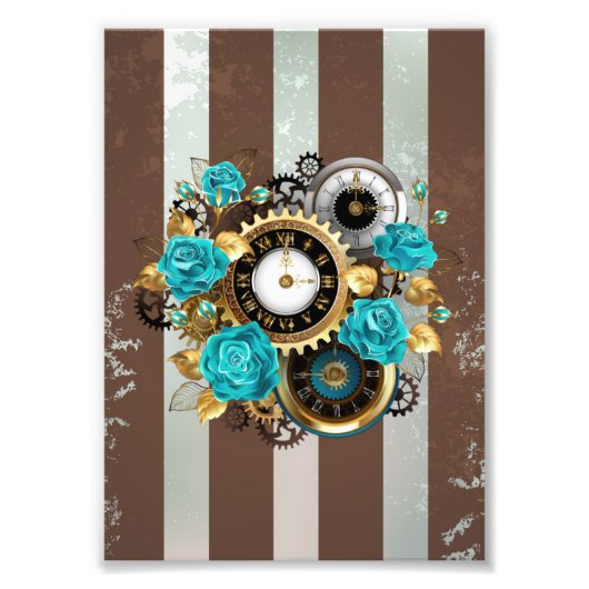 Steampunk Clock- en Turquoise-Rozen op gestreept Foto Afdruk (Voorkant)