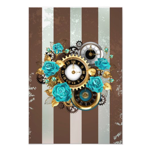 Steampunk Clock- en Turquoise-Rozen op gestreept Foto Afdruk (Voorkant)