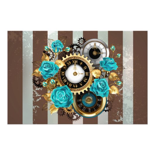 Steampunk Clock- en Turquoise-Rozen op gestreept Foto Afdruk (Voorkant)