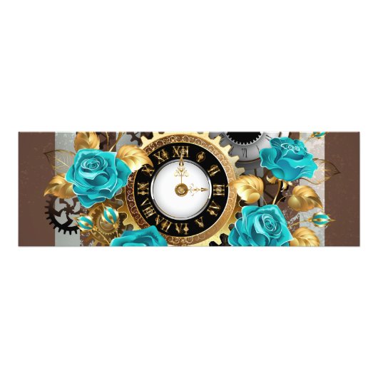 Steampunk Clock- en Turquoise-Rozen op gestreept Foto Afdruk (Voorkant)