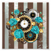 Steampunk Clock- en Turquoise-Rozen op gestreept Foto Afdruk (Voorkant)
