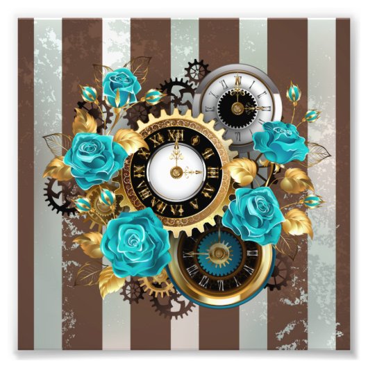 Steampunk Clock- en Turquoise-Rozen op gestreept Foto Afdruk (Voorkant)