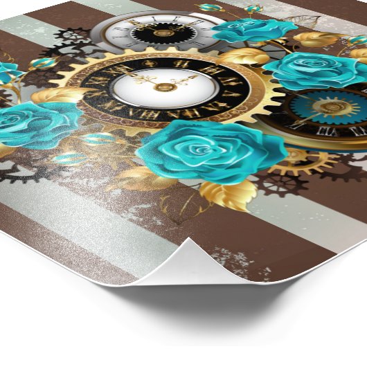 Steampunk Clock- en Turquoise-Rozen op gestreept Foto Afdruk (Hoek)