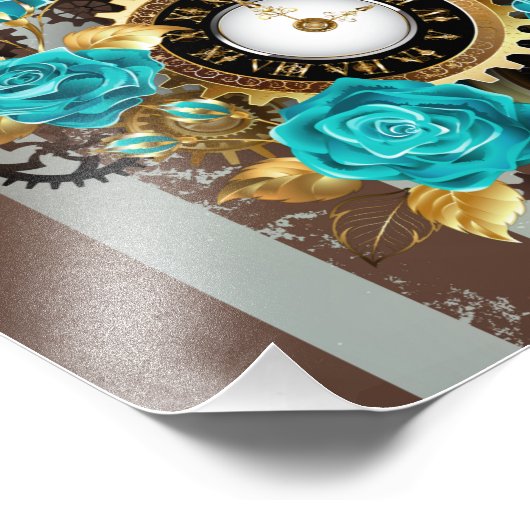 Steampunk Clock- en Turquoise-Rozen op gestreept Foto Afdruk (Hoek)