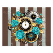 Steampunk Clock- en Turquoise-Rozen op gestreept Foto Afdruk (Voorkant)