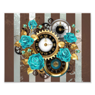 Steampunk Clock- en Turquoise-Rozen op gestreept Foto Afdruk