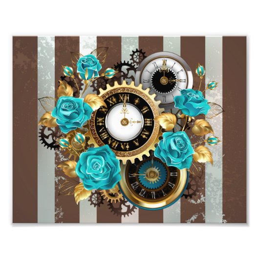 Steampunk Clock- en Turquoise-Rozen op gestreept Foto Afdruk (Voorkant)