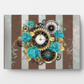 Steampunk Clock- en Turquoise-Rozen op gestreept Fotoplaat (voorkant)