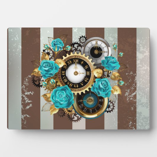 Steampunk Clock- en Turquoise-Rozen op gestreept Fotoplaat (voorkant)