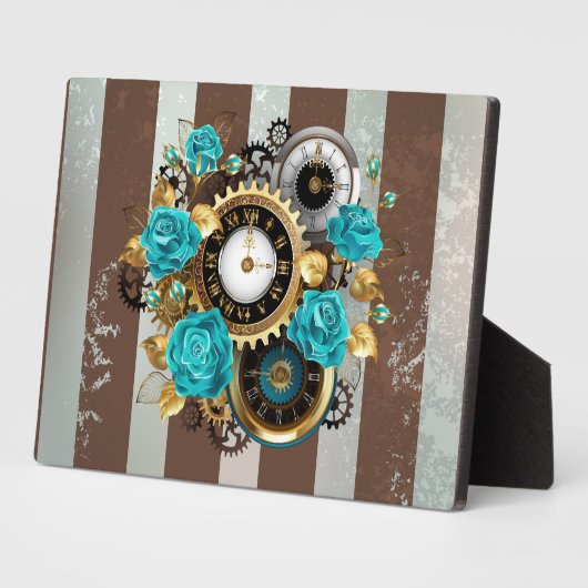 Steampunk Clock- en Turquoise-Rozen op gestreept Fotoplaat (Zijkant)