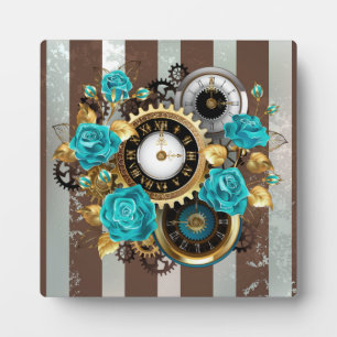 Steampunk Clock- en Turquoise-Rozen op gestreept Fotoplaat