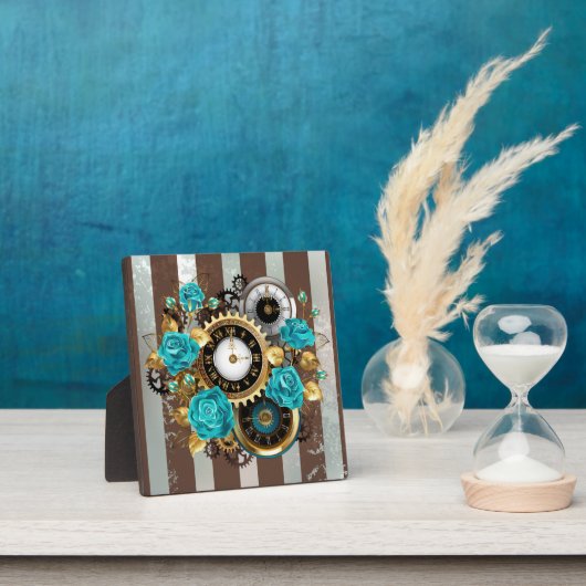 Steampunk Clock- en Turquoise-Rozen op gestreept Fotoplaat (Insitu)