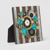 Steampunk Clock- en Turquoise-Rozen op gestreept Fotoplaat (Voorkant)
