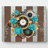 Steampunk Clock- en Turquoise-Rozen op gestreept Fotoplaat (Voorkant)