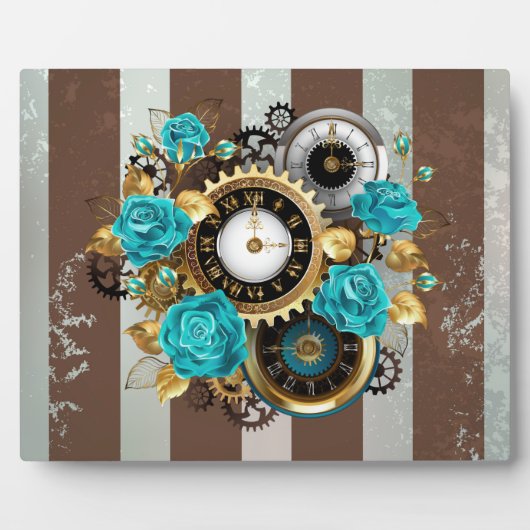 Steampunk Clock- en Turquoise-Rozen op gestreept Fotoplaat (Voorkant)