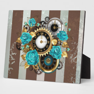 Steampunk Clock- en Turquoise-Rozen op gestreept Fotoplaat