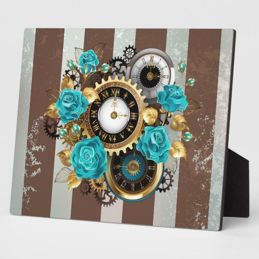 Steampunk Clock- en Turquoise-Rozen op gestreept Fotoplaat (Zijkant)