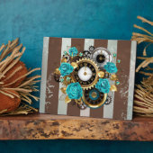 Steampunk Clock- en Turquoise-Rozen op gestreept Fotoplaat (Zijkant)