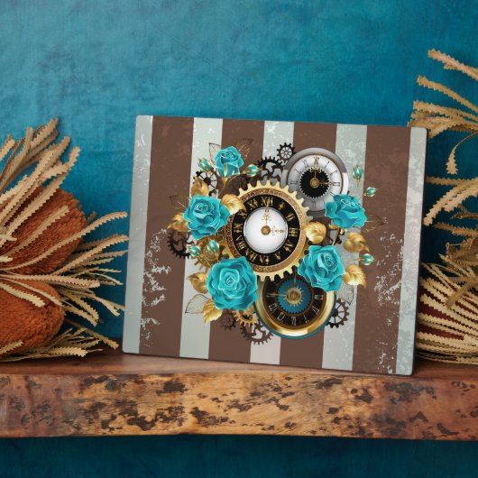 Steampunk Clock- en Turquoise-Rozen op gestreept Fotoplaat (Zijkant)