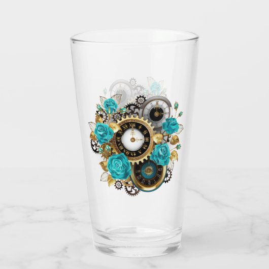Steampunk Clock- en Turquoise-Rozen op gestreept Glas (Achterkant)