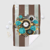 Steampunk Clock- en Turquoise-Rozen op gestreept Golfhanddoek (Insitu)
