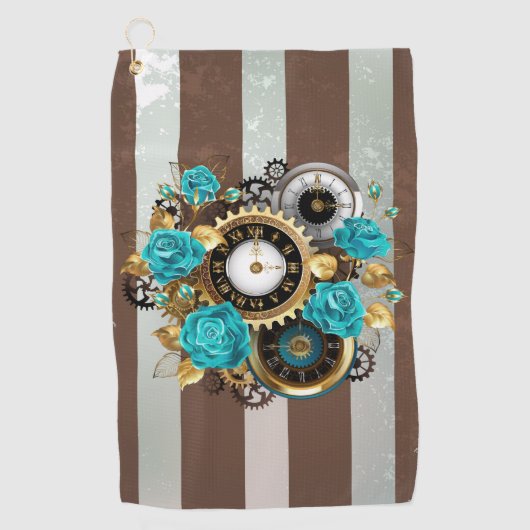 Steampunk Clock- en Turquoise-Rozen op gestreept Golfhanddoek (Voorkant)