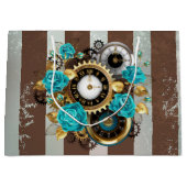 Steampunk Clock- en Turquoise-Rozen op gestreept Groot Cadeauzakje (Voorkant)