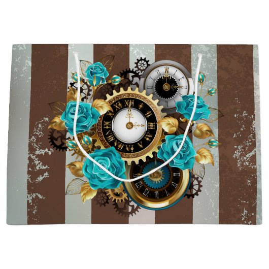 Steampunk Clock- en Turquoise-Rozen op gestreept Groot Cadeauzakje (Voorkant)