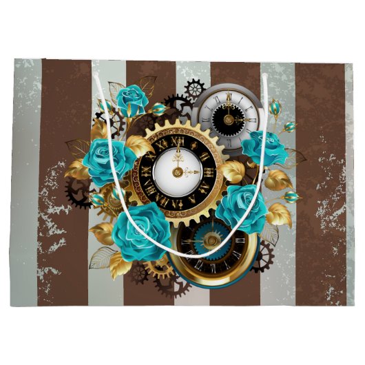 Steampunk Clock- en Turquoise-Rozen op gestreept Groot Cadeauzakje (Achterkant)