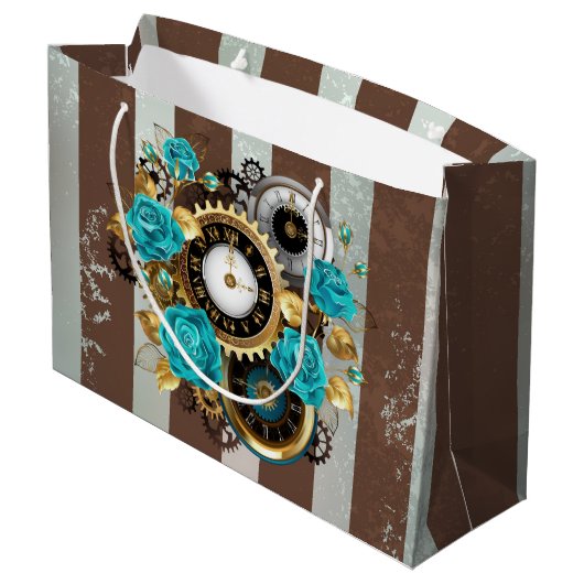 Steampunk Clock- en Turquoise-Rozen op gestreept Groot Cadeauzakje (Achterkant Gekanteld)