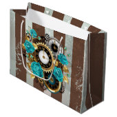 Steampunk Clock- en Turquoise-Rozen op gestreept Groot Cadeauzakje (Voorkant Gekanteld)