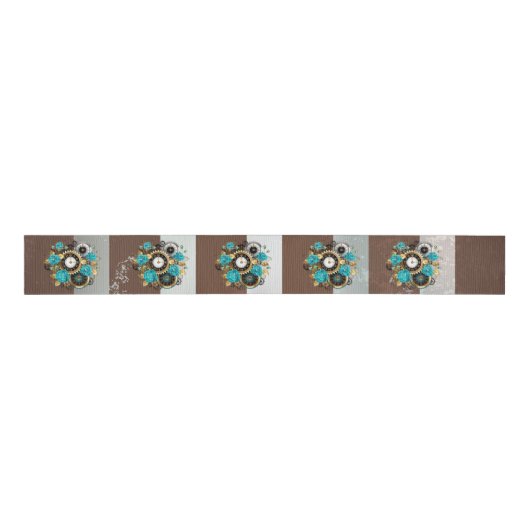 Steampunk Clock- en Turquoise-Rozen op gestreept Grosgrain Lint (Voorkant)