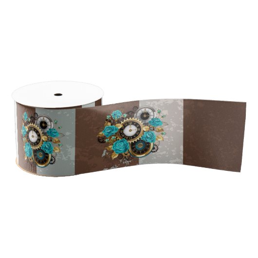 Steampunk Clock- en Turquoise-Rozen op gestreept Grosgrain Lint (Spoel)
