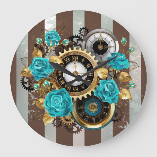 Steampunk Clock- en Turquoise-Rozen op gestreept Grote Klok (Voorkant)